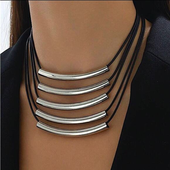 Multilayer Silver Tube Statement Necklace - Picture 2 of 6